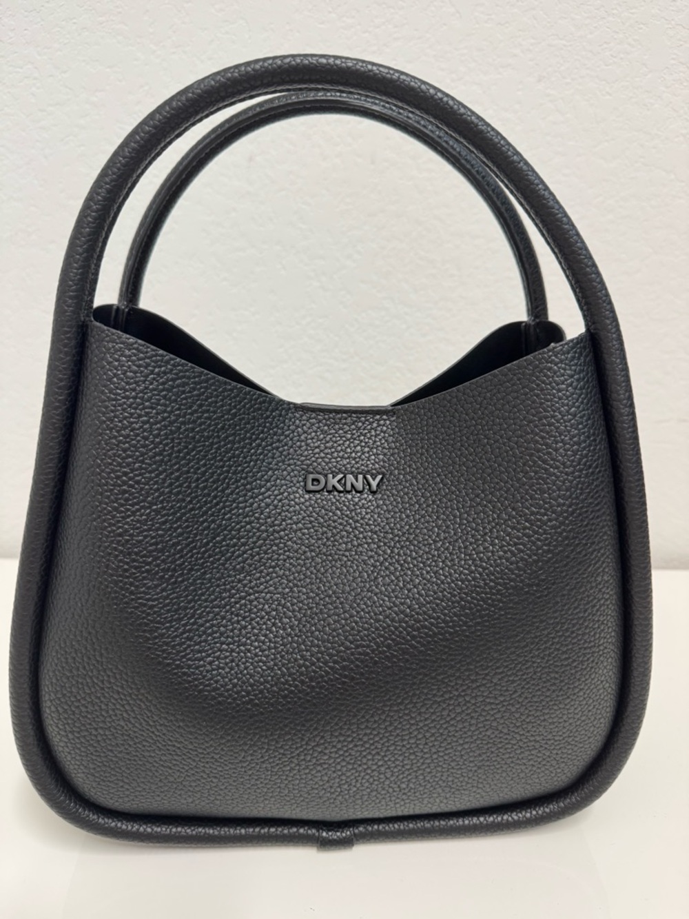 DKNY Black Pebbled Leather Shoulder Bag with Rounded Handles